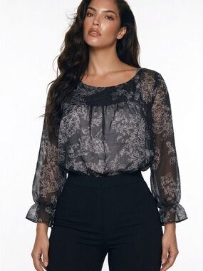 Costa Blanca Black Sheer Paisley-Print Long Sleeve Blouse